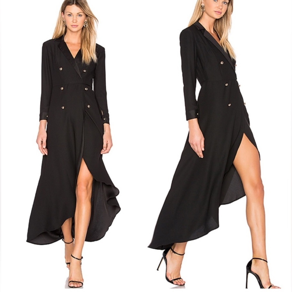 NWT! NBD Alexa Wrap Dress in Black Tuxedo with High Low Hem and Gold Buttons